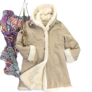 Charles Klein Luxurious Leather Tan and Cream Fleece Coat Size L